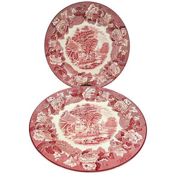 Enoch Wood's‎ Wood & Sons Red Transferware 2 Cottagecore 10in Dinner Plates 2-3 - Picture 1 of 11
